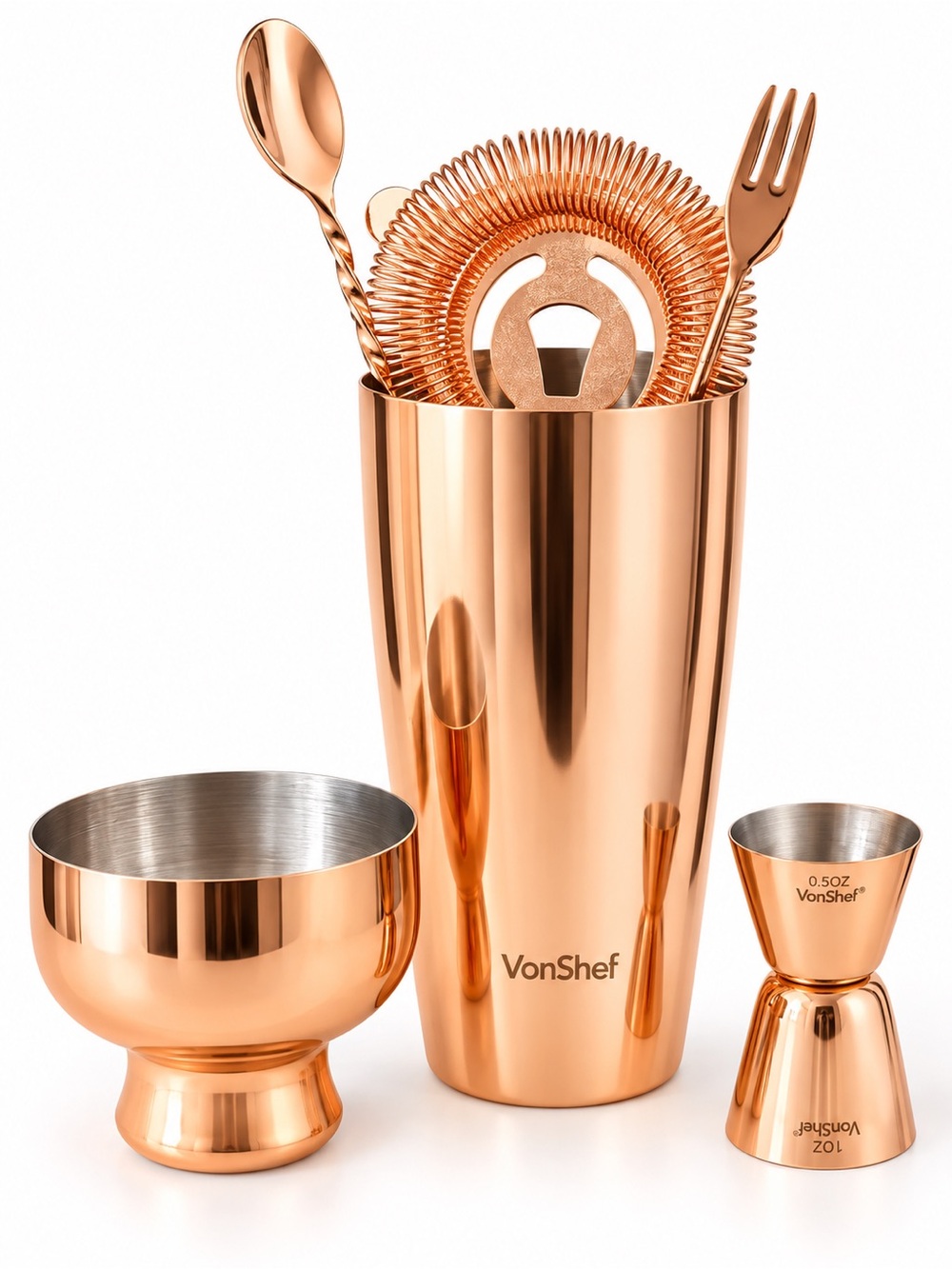 VonShef Copper Cocktail Barware Set 4pc Luxe Bar Cart Shaker Jigger Strainer